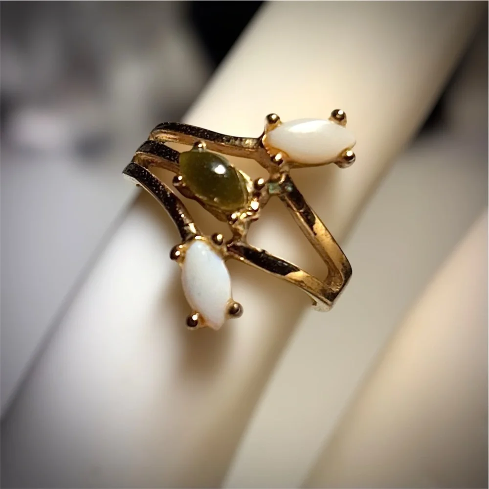Opal and Jade ring Heavy, gold electroplated, Size 5
